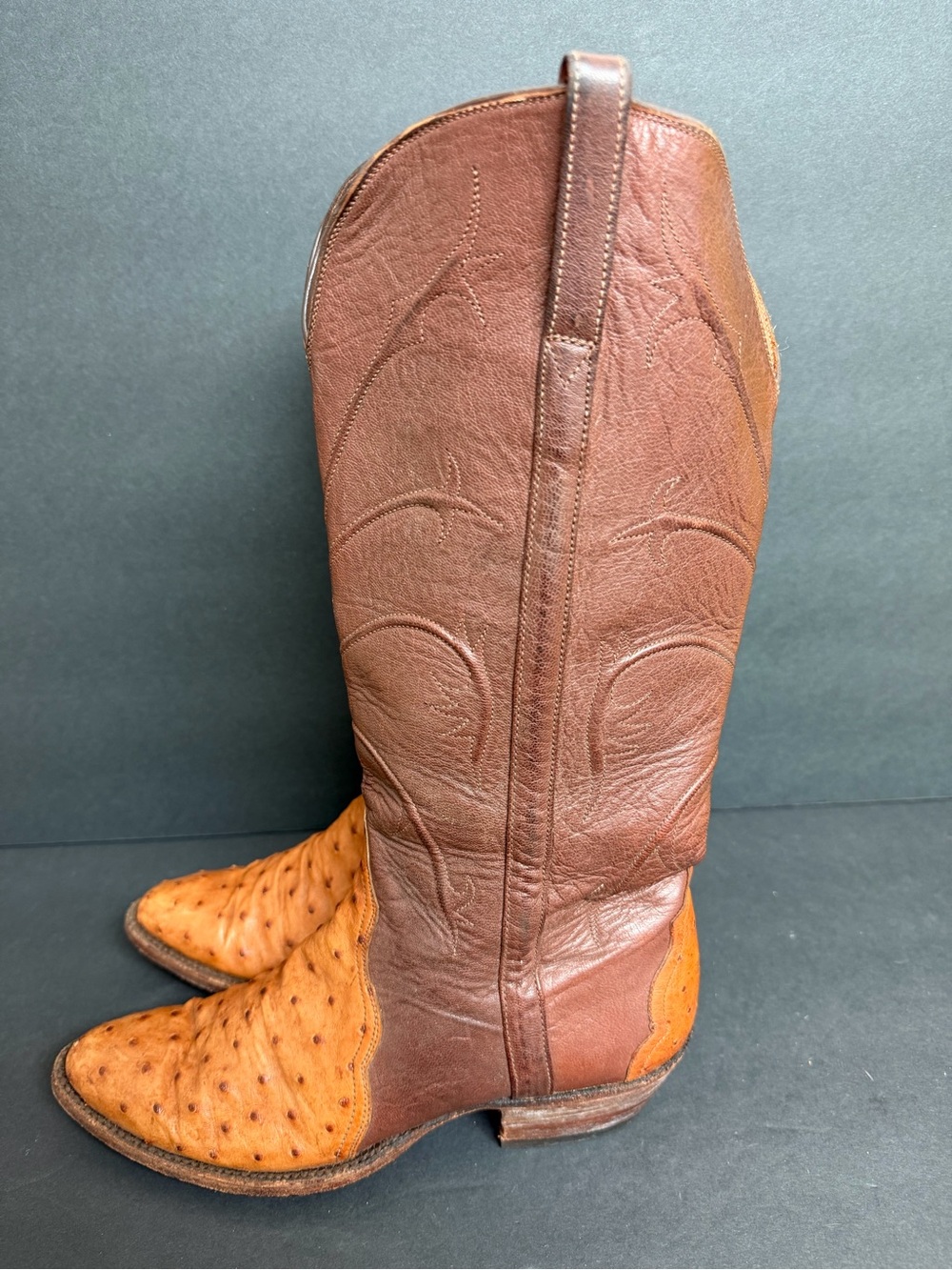 Lucchese Two-Tone Brown and Tan Ostrich-Accent Heeled Boots - Picture 2 of 11